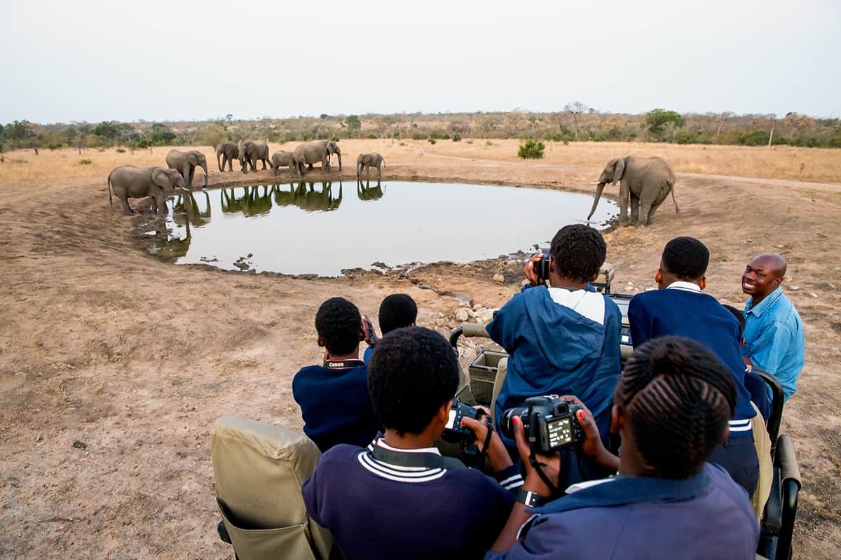 A group of Penda photographers by a herd of elephants at a waterhole