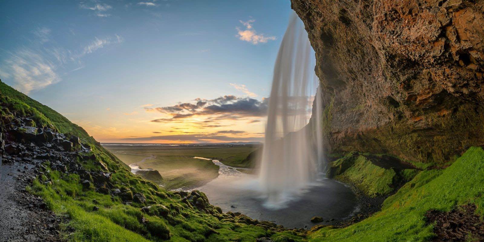 a landscape photo of Seljalandsfoss waterfall on the south coast of Iceland