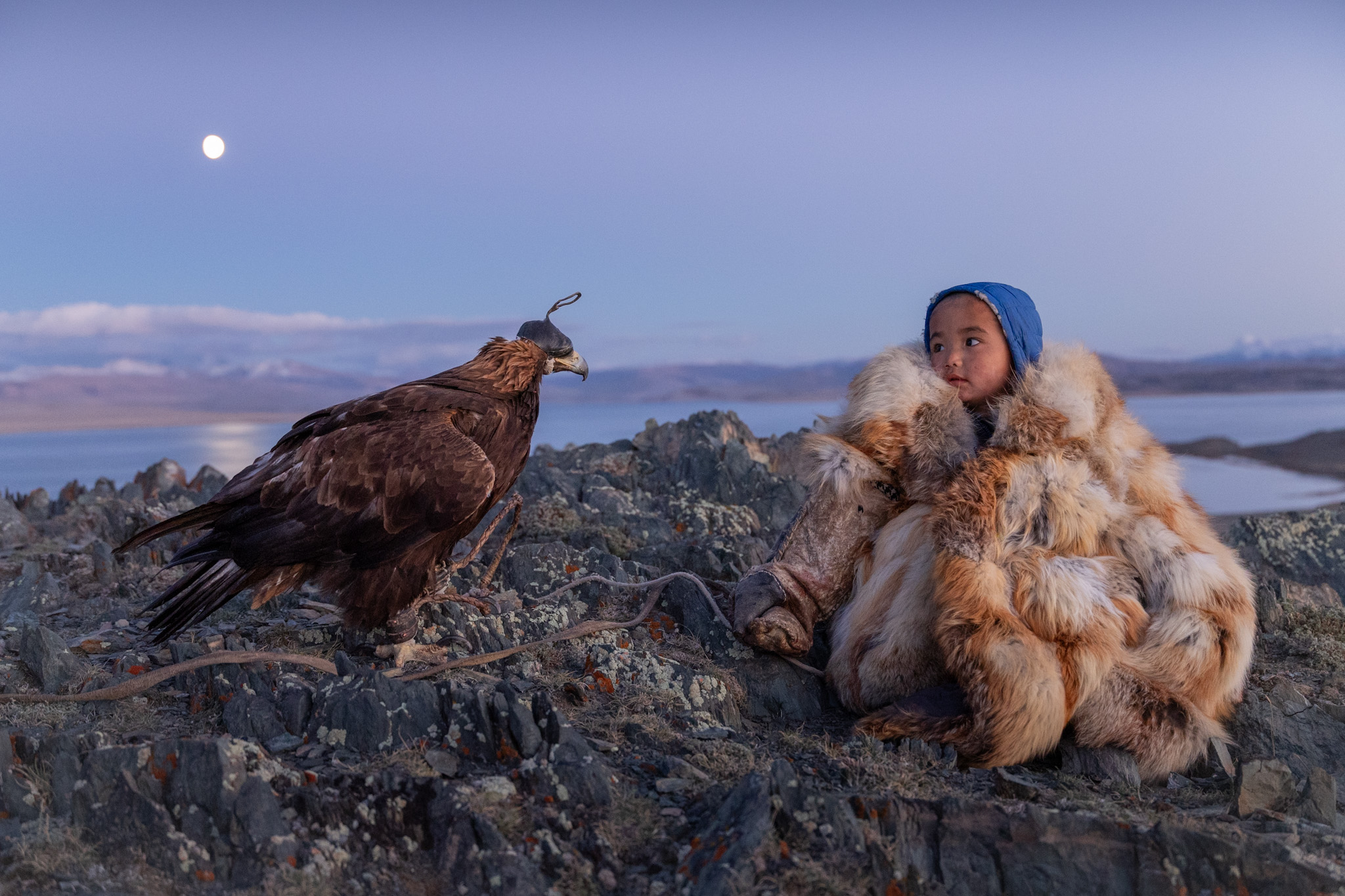 A young boy in fur clothing sitting beside a golden eagle on a rocky landscape under the moonlight
