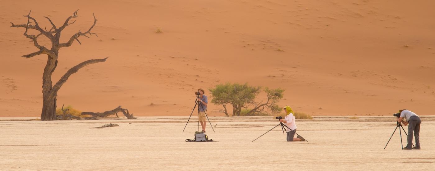 Photographers taking pictures in a desert landscape